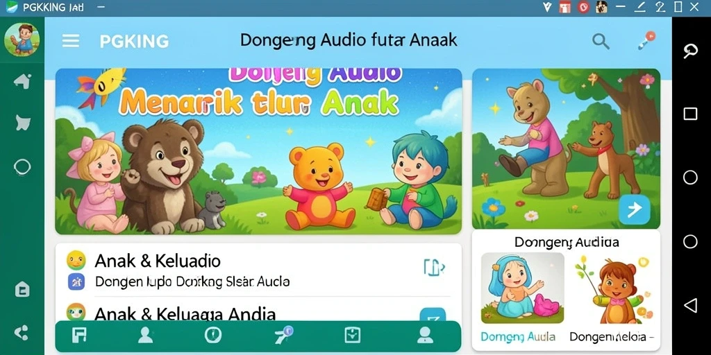 Tampilan aplikasi PGKING dengan beragam pilihan dongeng audio.